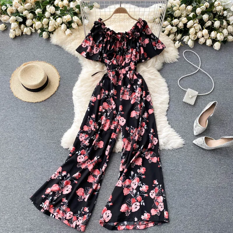 Letnie damskie kombinezony kwiatowe Off-shoulder Ruffles kombinezony bez rękawów damskie luźna szeroka spodnie ogrodniczki z nadrukiem Playsuits