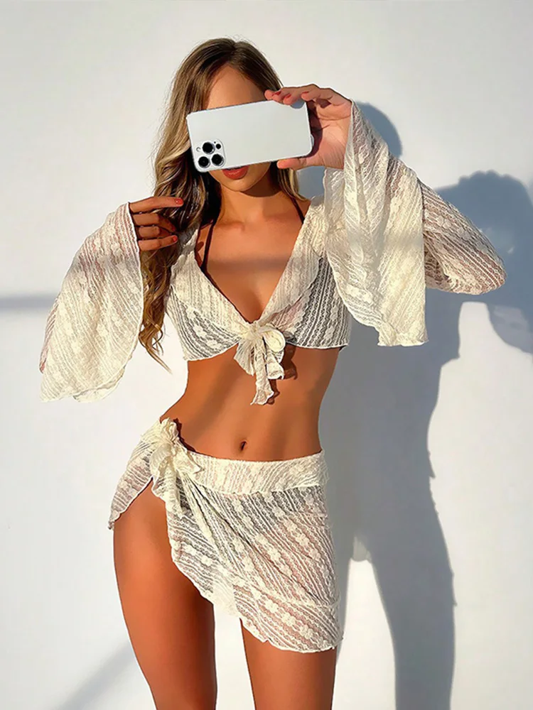 2025 مثير أربع قطع النساء ملابس السباحة طويلة الأكمام التستر ملابس الصيف الصلبة مجموعة البكيني البرازيلي بحر حفلة ثوب السباحة