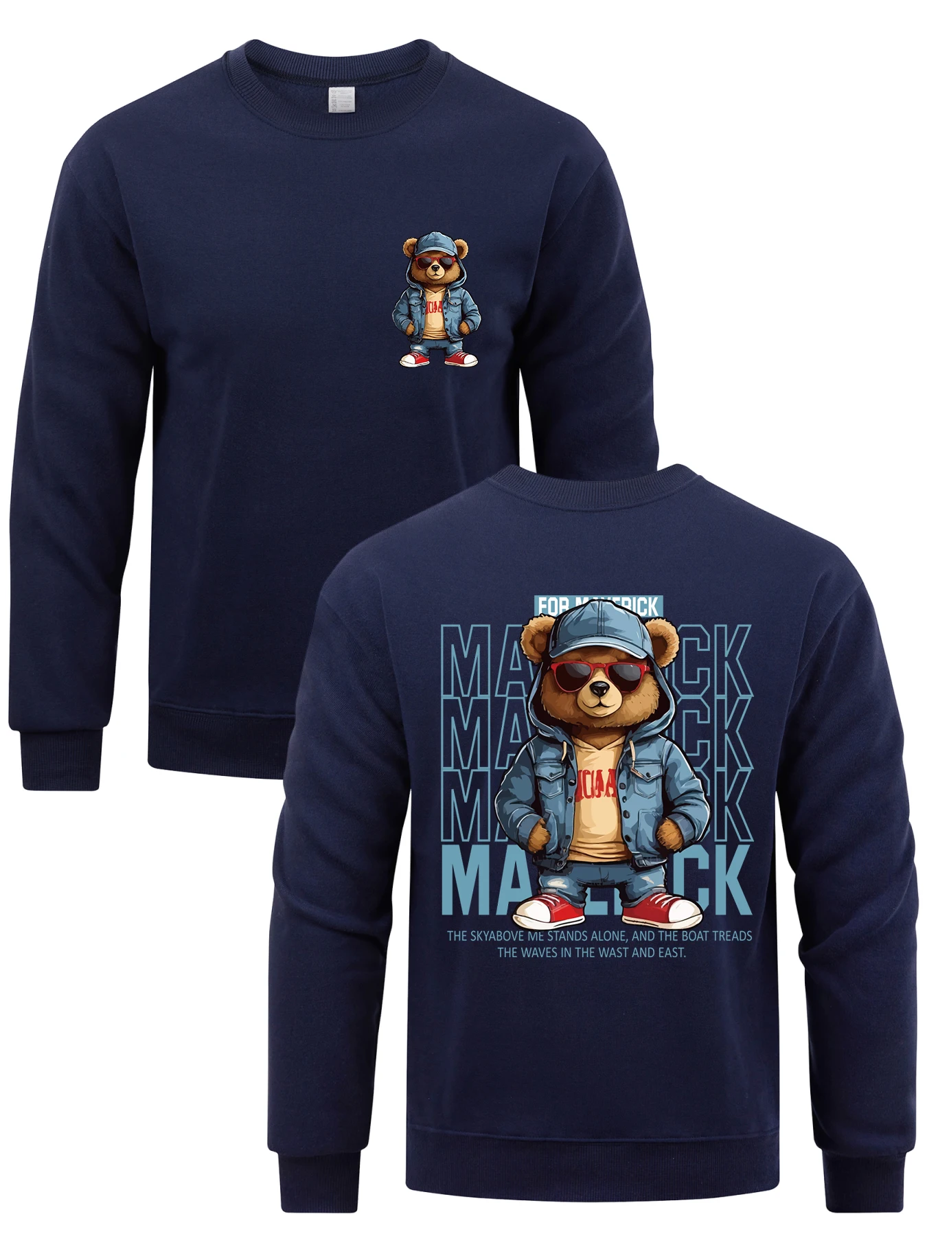 For Maverick Blue Letter Cowboy Cartoon Bear Pattern Men Sweatshirt Harajuku Fleece Pullover All-Match Comfortable Clothes