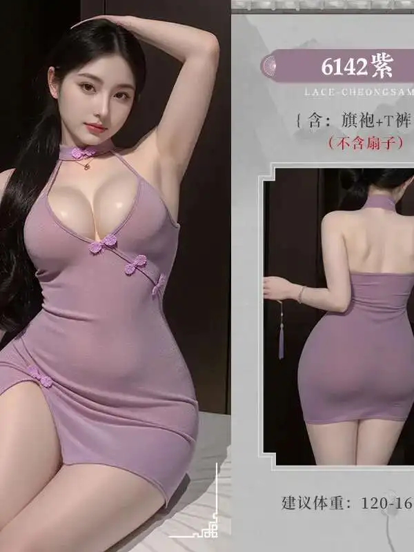 La fionda a V profonda espone il petto Prospettiva cheongsam Alta spaccatura Cornici e articoli da esposizione Abiti stile cinese Dolce ragazza Abito elegante O9KE