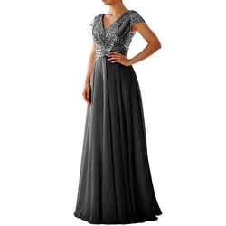 2024 Women Plus Size Elegant Formal Dress V-neck Sequin Decoration Short Sleeved Dress Fashion Evening Dresses For Lady L-3XL