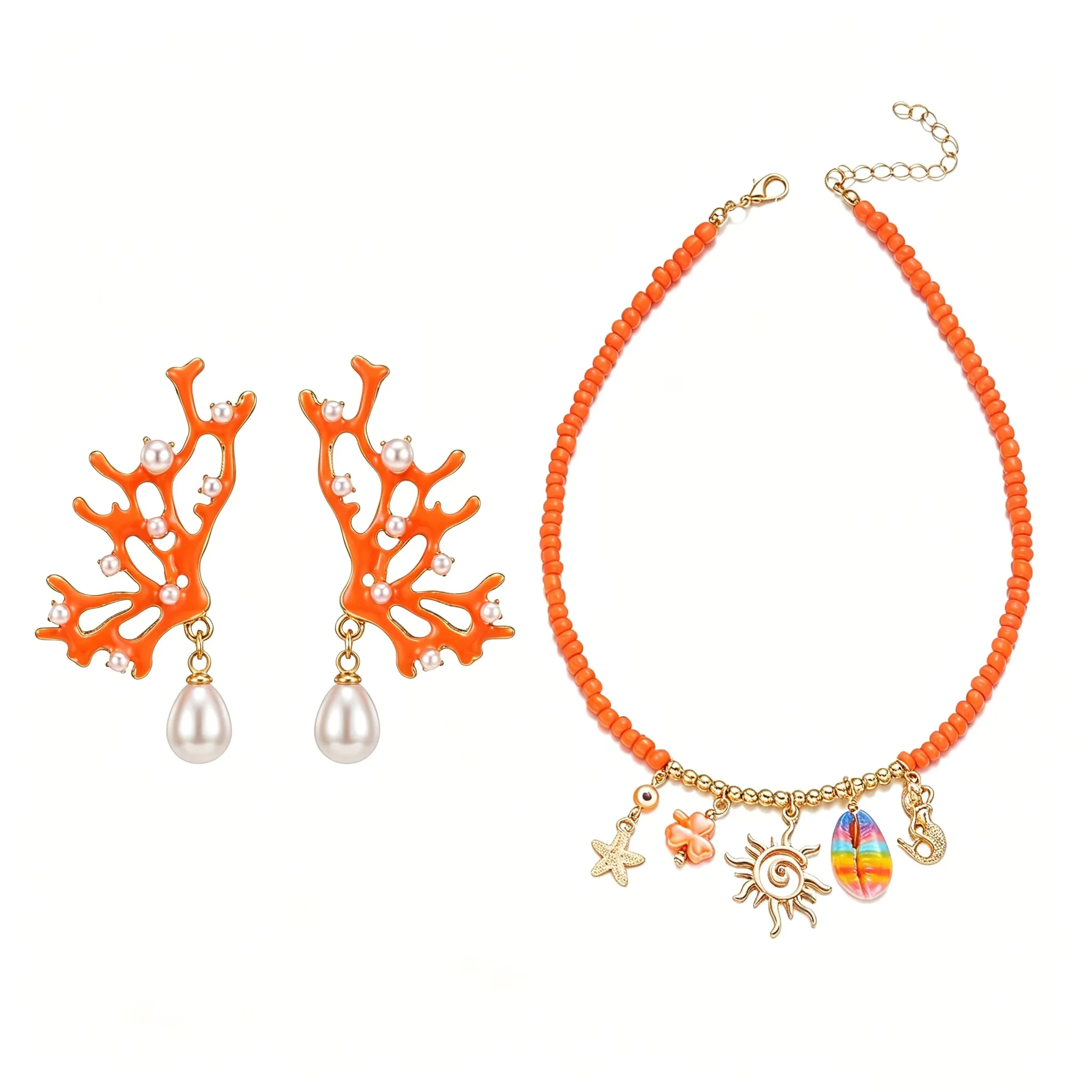 Bohemian Orange Coral Pearl Shell Earrings Necklace Set for Women Beach Vacation Party Jewelry Gift
