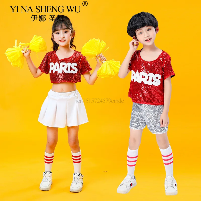 Jungen und Mädchen Jazz Dance Pailletten Set Kinder Hip Hop Modern Street Dance Bühnenkostüme Cheerleading Pailletten Set