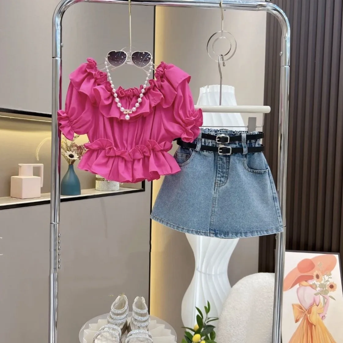 Girls' 2025 Fashion Ruffle Off-Shoulder Top with Denim Skirt Two-Piece Set Belt Included kids clothes girls girl clothes