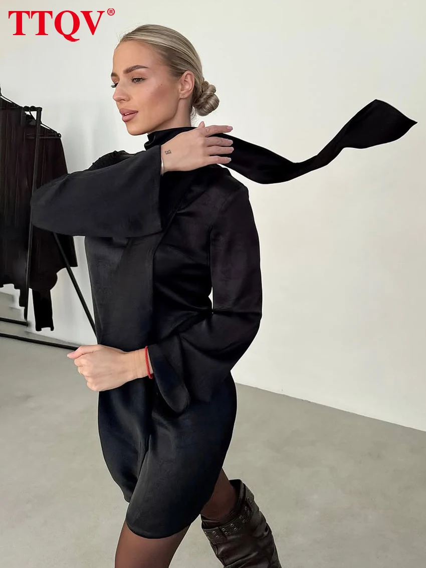 

TTQV Fashion Loose Brown Satin Women's Dress 2026 Spring V-Neck Long Sleeve Mini Dresses Elegant Classic Lace-Up Female Dress