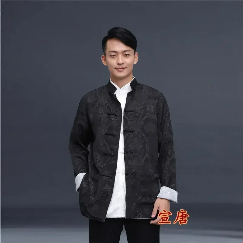 

6 Colors Long Sleeve Tang Suit Top Reversible Traditional Mens Chinese Clothes Shirt Spring Casual Satin Jacket Coat Wu Tang