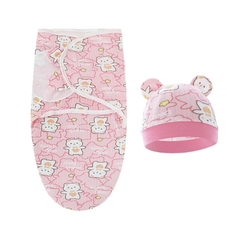 Baby Swaddle Blanket Boys Girl Beanie Hat 0-6M Newborn Wrap Blanket Muslin-Hat