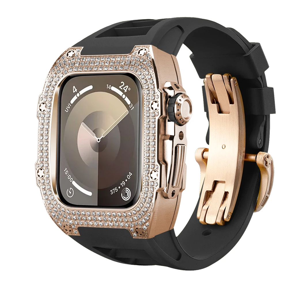 For Apple Watch Mod Kit 44/45mm Luxury Diamond Stainless Steel Inlaid Accessories Blackband Trend Apply toseries 9/8/7/6/5/4