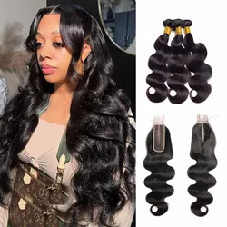 Ulrica-Brazilian Body Wave Pacotes de cabelo humano para mulheres, extensões de cabelo, 3 Pacotes, 4 Pacotes de Tecer com Fechamentos, 2x6 Lace Closure