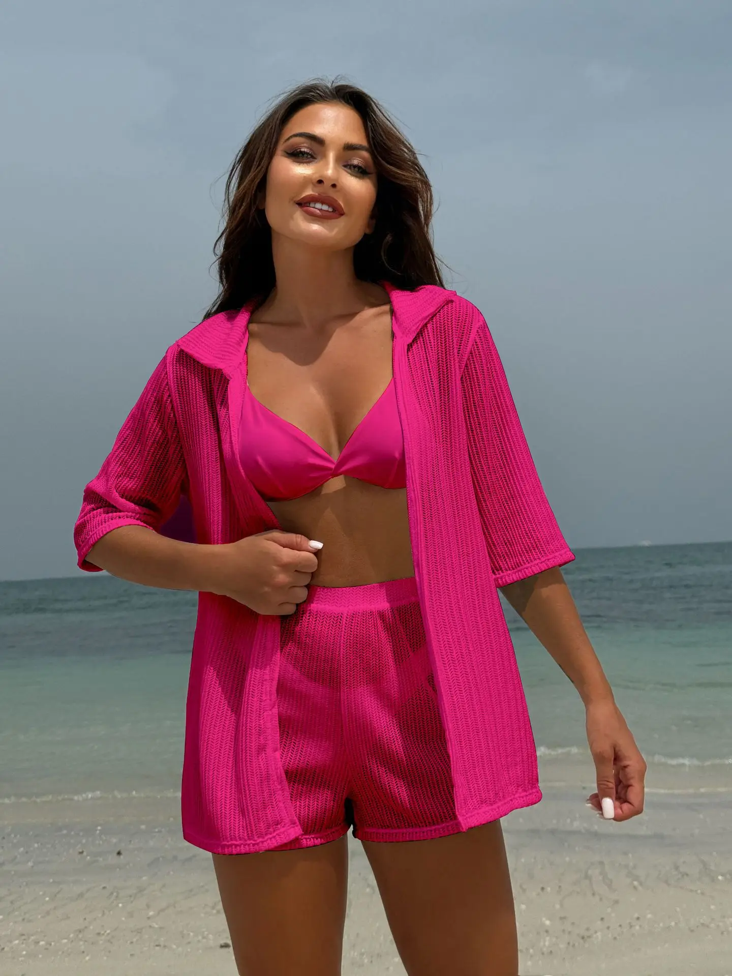 

Short Sleeve Crochet Knitted Tunic Beach Cover Up Bikini Women Swimwear Female Swimsuit Four-pieces Bikini Set Bathing Suit Swim