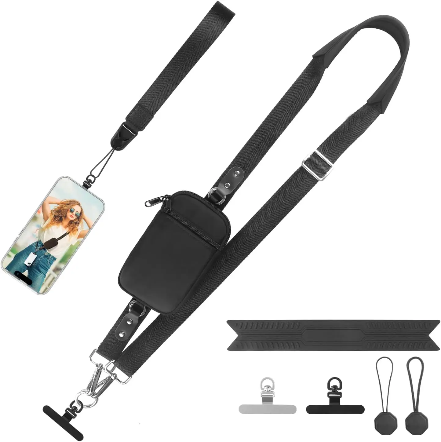 

Universal Phone Strap with Detachable RFID Wallet - Adjustable Crossbody Lanyard, Hands-Free, 360° Rotatable Tether Tabs, Fits All Phones