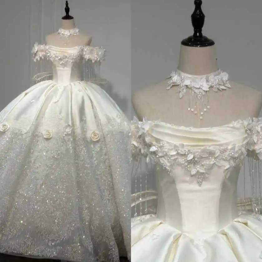 

Gorgeous Beaded Tassel Floral Applique Wedding Dress Off-Shoulder Satin Ball Gown Formal Bridal Gown Vestido De Novia Customized