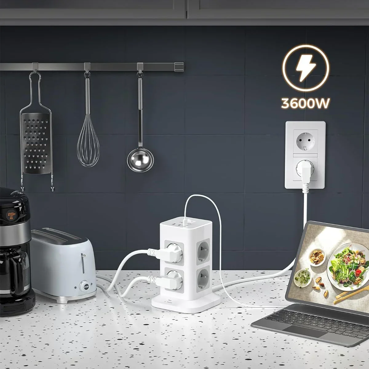 TESSAN Multipresa a Torre con 8 Prese 1 USB 2 Tipo C Presa a Torre Verticale con Prolunga da 2 M Protezione da Sovratensione 