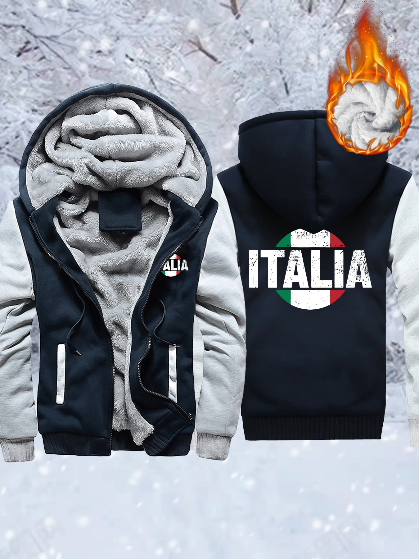

Italia Letter Creativity Printed Thicken Jacket Man Oversized Fleece Coats Winter Zipper Clothes Casual Pocket Sportswear