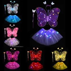 Flashing Luminous Angel Wings Set Children Costume Props Girl Butterfly Wings Headband & Wand Role Play Outfits