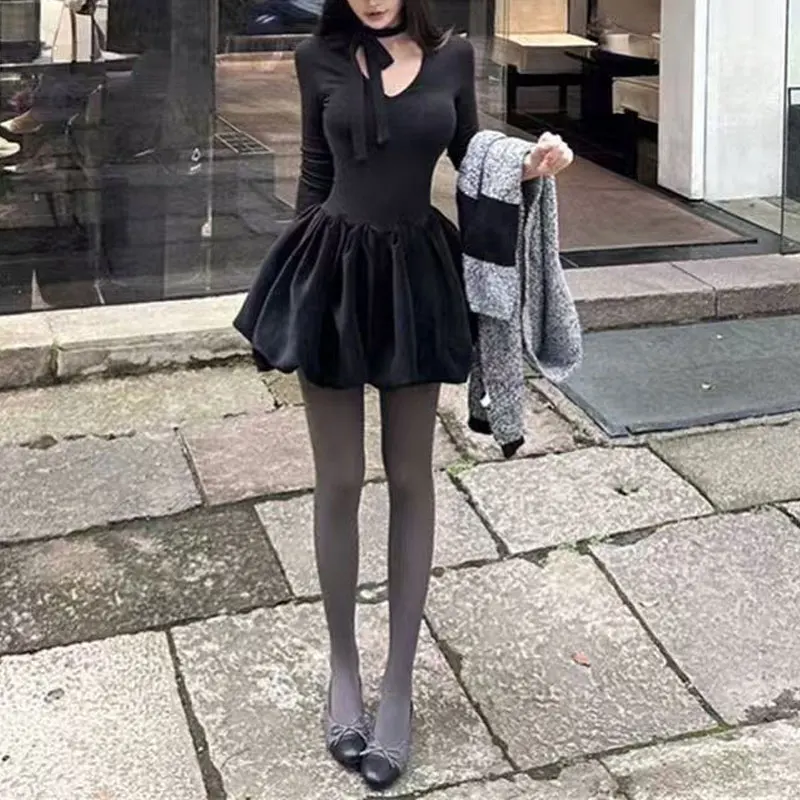 

French Style V-Neck Drawstring Mini Dress Spring Autumn Solid Color Female Clothing Long Sleeve Aura Fashion Ball Gown Dresses