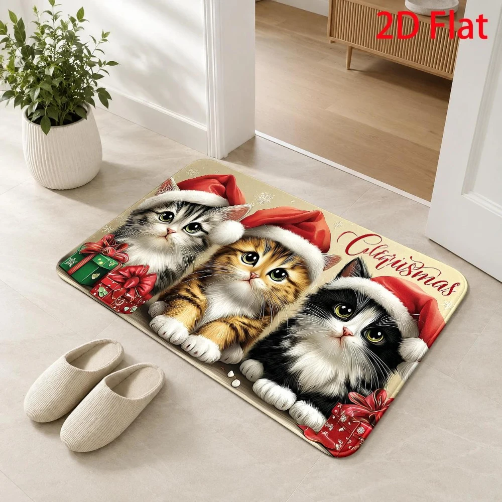 hristmas Cute Santa Hat Kittens Doormat Welcome Rug Living Room Front Door Entryway Porch Back Door Non Slip Floor Mat