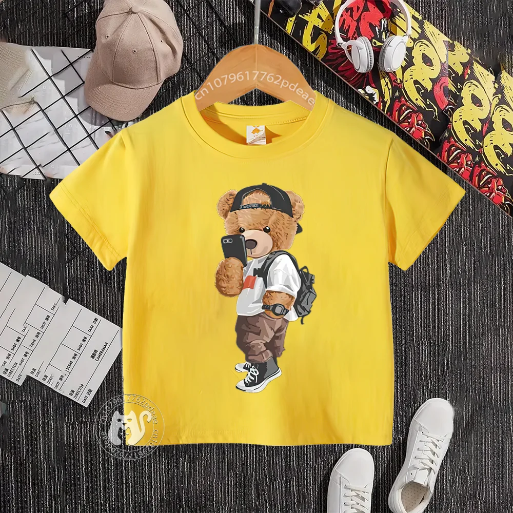 Summer 100% cotton T-shirt for boys and girls Baby street cartoon Bear print teen comfortable crewneck top Cotton T-shirt top