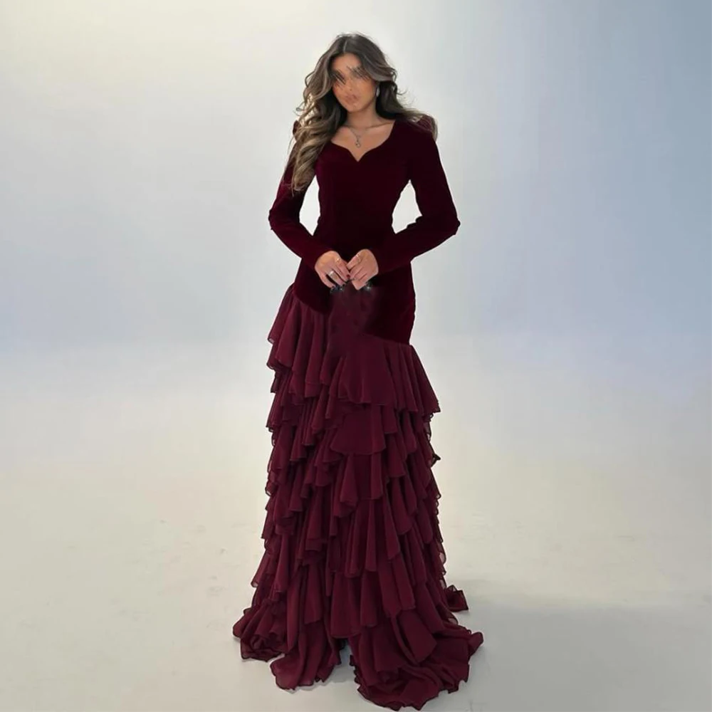 

Dream Burgundy Evening Dresses V-Neck A-Line Floor Length Side Slit with Ruffles Women Customized Occasion Long Sleeves Gown