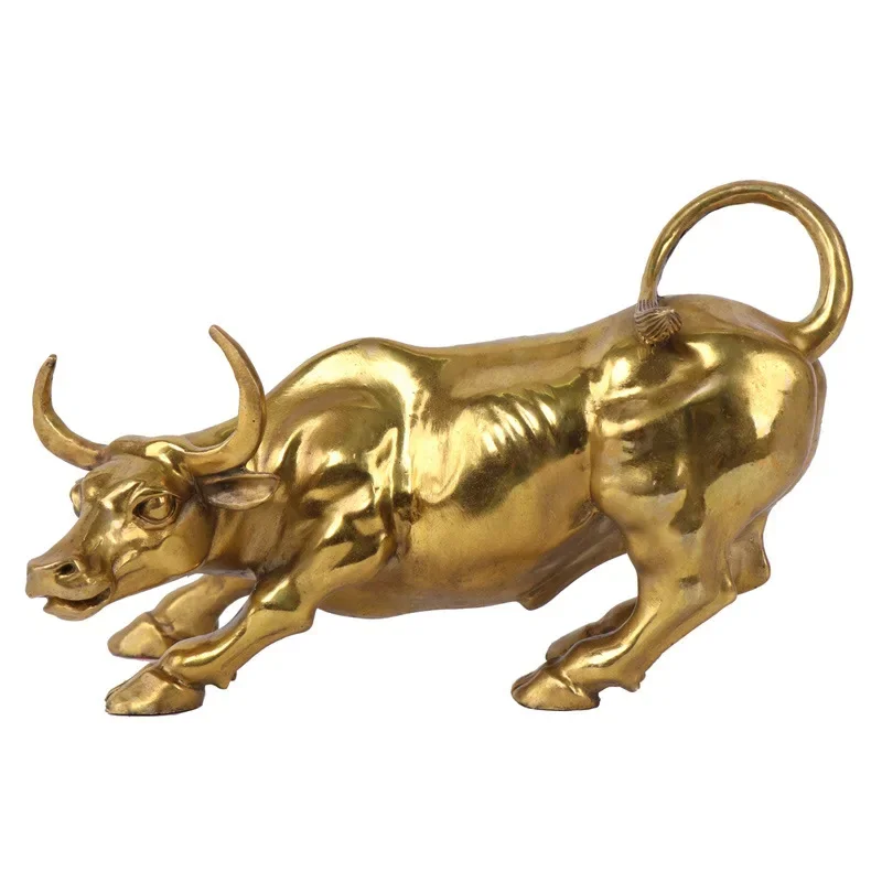 Gold Brass Charging Stock Market Bull Ornament Animal Figurine Wall Street Bull OX Statue Feng Shui Sculpture Home Office Decor