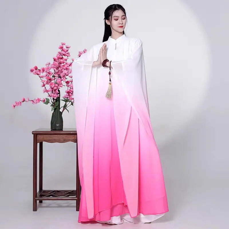 New Chinese Style Gradient Color Zen Tea Dress with Collar Stand up Skirt Traditional Guzheng Music Ensemble Cotton Dress