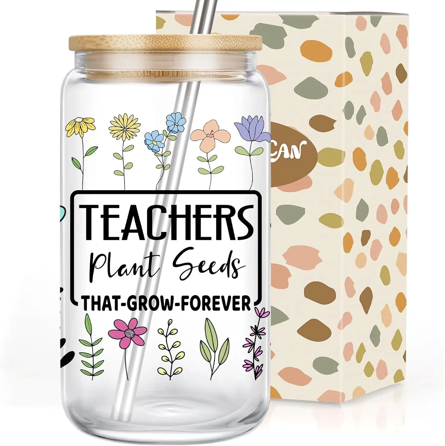 

16 oz Glass Cups w/Lids Straws, Teacher Gifts for Women, Teachers Appreciation Gifts for Women - Birthday, Christmas, Thank You