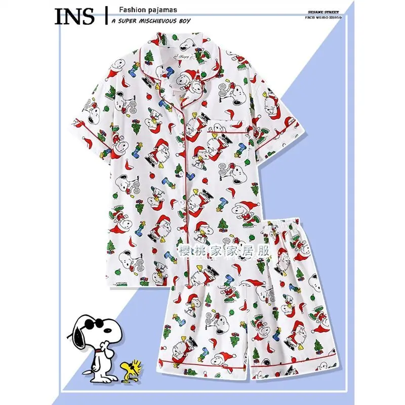 Snoopy Pajamas Set Couple Men\'s and Cute Cartoon Women\'s Summer Short Sleeved Loose Cardigan Home Clothing Birthday Gift