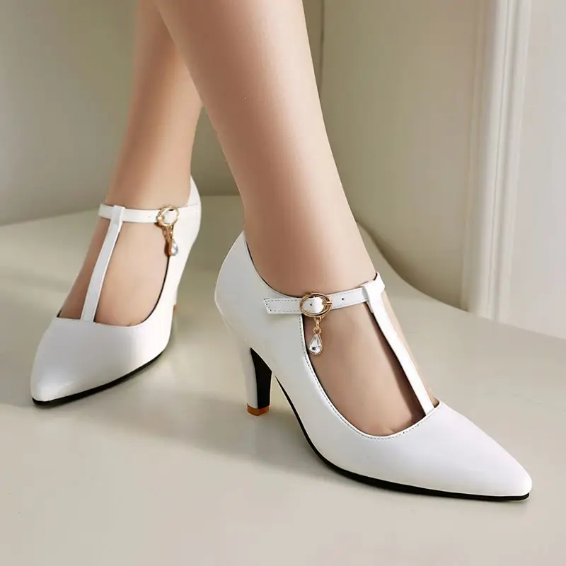 

ORCHA LISA 2025 Sexy Fashion Pumps for Women Pointed Toe Thin Heels 8.5cm Buckle T-Strap Plus Size 44 45 46 Party Dating Shoes