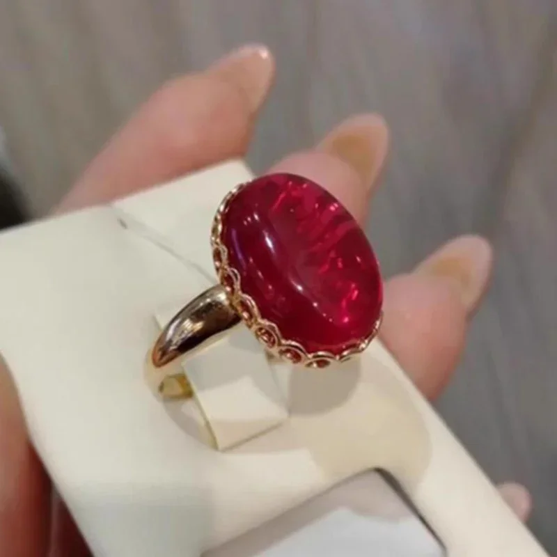 High Quality Glossy Ruby Rings for Women Plated Rose Gold Translucent Oval Red Elegant Wedding Ring Jewelry