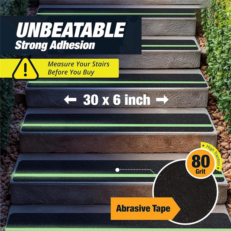 AAAN-Nastro antiscivolo per scale 12 pezzi 30 pollici x 6 pollici gradini per scale esterne antiscivolo resistente agli agenti atmosferici per esterni in legno Flo
