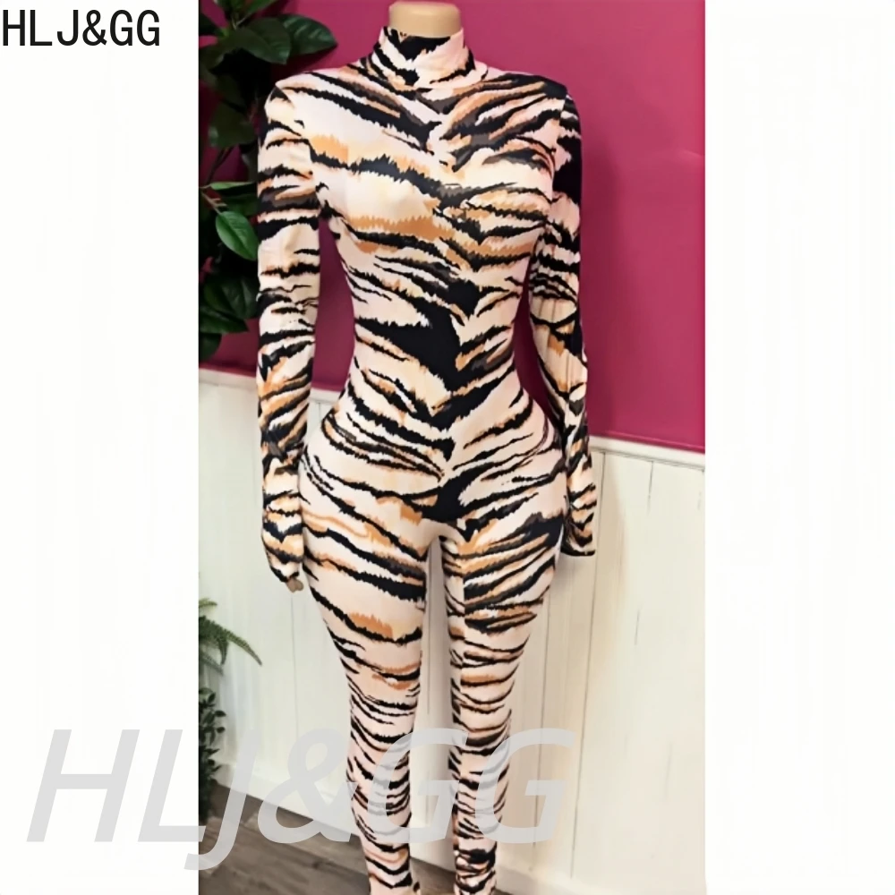 HLJ&GG Modische Tiger-Print Bodycon Einteiler-Sets für Damen, Hochkragen, Langarm, Schlanke Playsuits, Sommer-Streetwear 2026