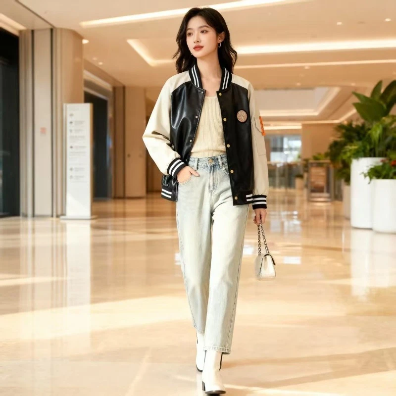 

American Baseball Inspired Couple Jacket Loose Fit PU Leather Outerwear Casual Streetwear for Men Women​