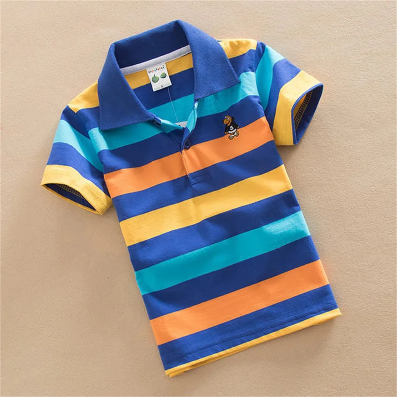 T-shirt For Boys Summer Children Short Sleeve Stripe Tees Cartoon Bear Embroidery Tops Teens Breathable Polo Shirt Kids Clothing