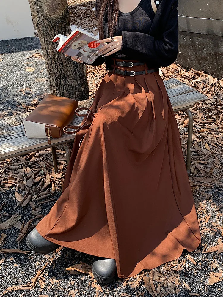 高品質 大きめスイングスーツスカート レディース エレガント Aライン プリーツスカート ベルト付き 韓国ファッション ブラック グレー ロングスカート 2025年新作