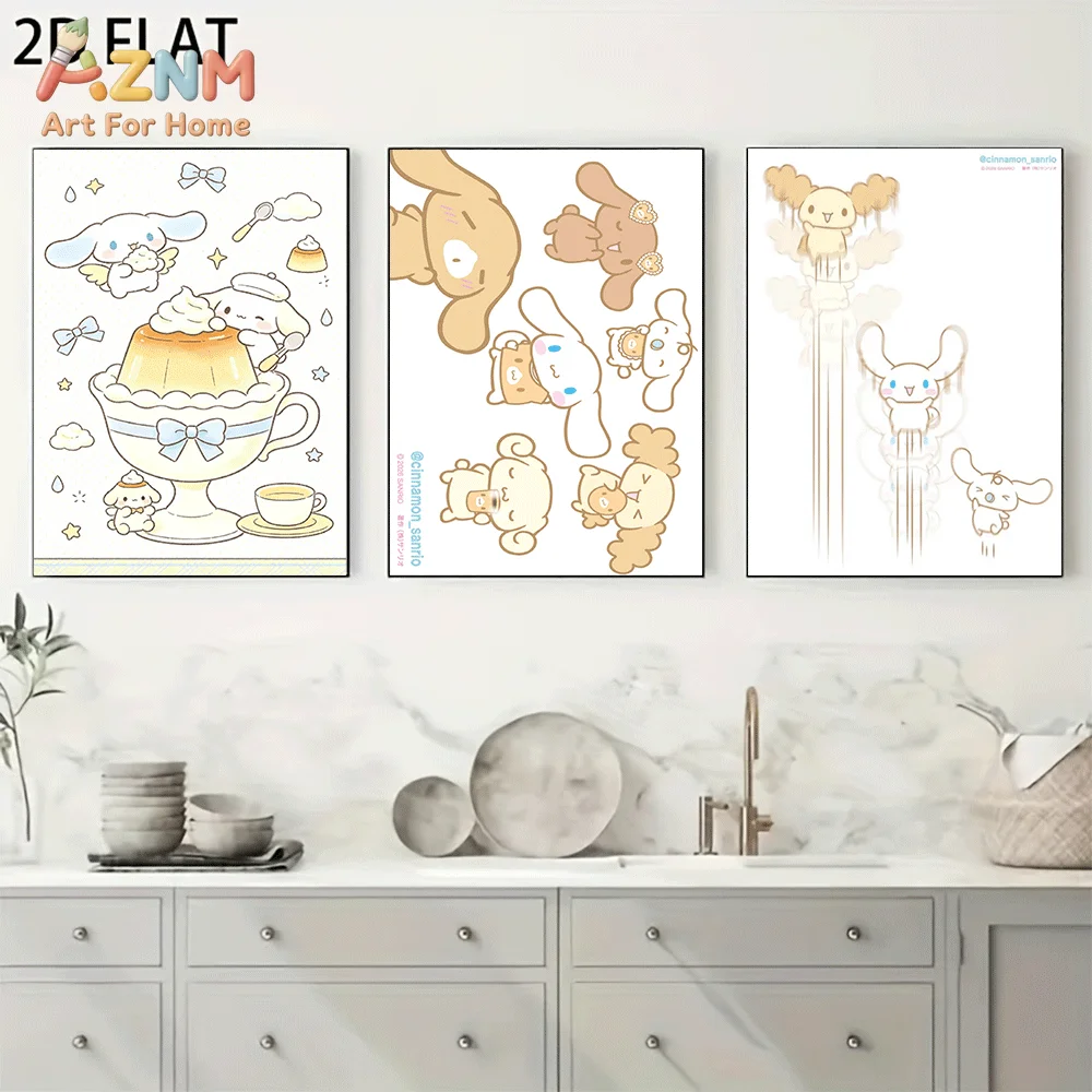 AZNM Cinnamoroll Canvas Wall Art Unframed Cute Cartoon Print Poster Pudding Dessert Cup Bow Friends Design for Girls Bedroom Liv