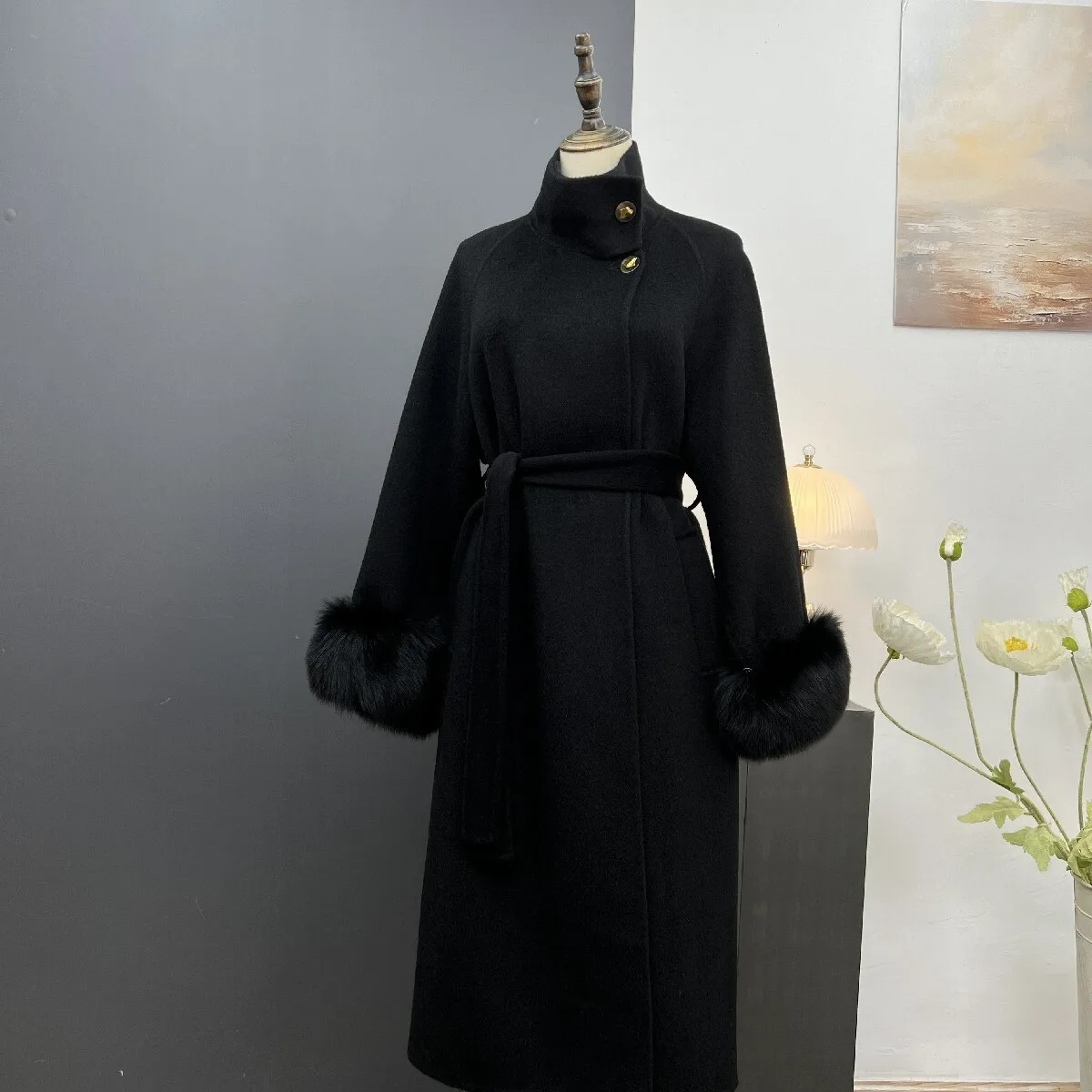 autunno e inverno nuovo articolo colletto alla coreana cappotto di cashmere double face di fascia alta cappotto lungo di lana da donna vera pelliccia di pelliccia