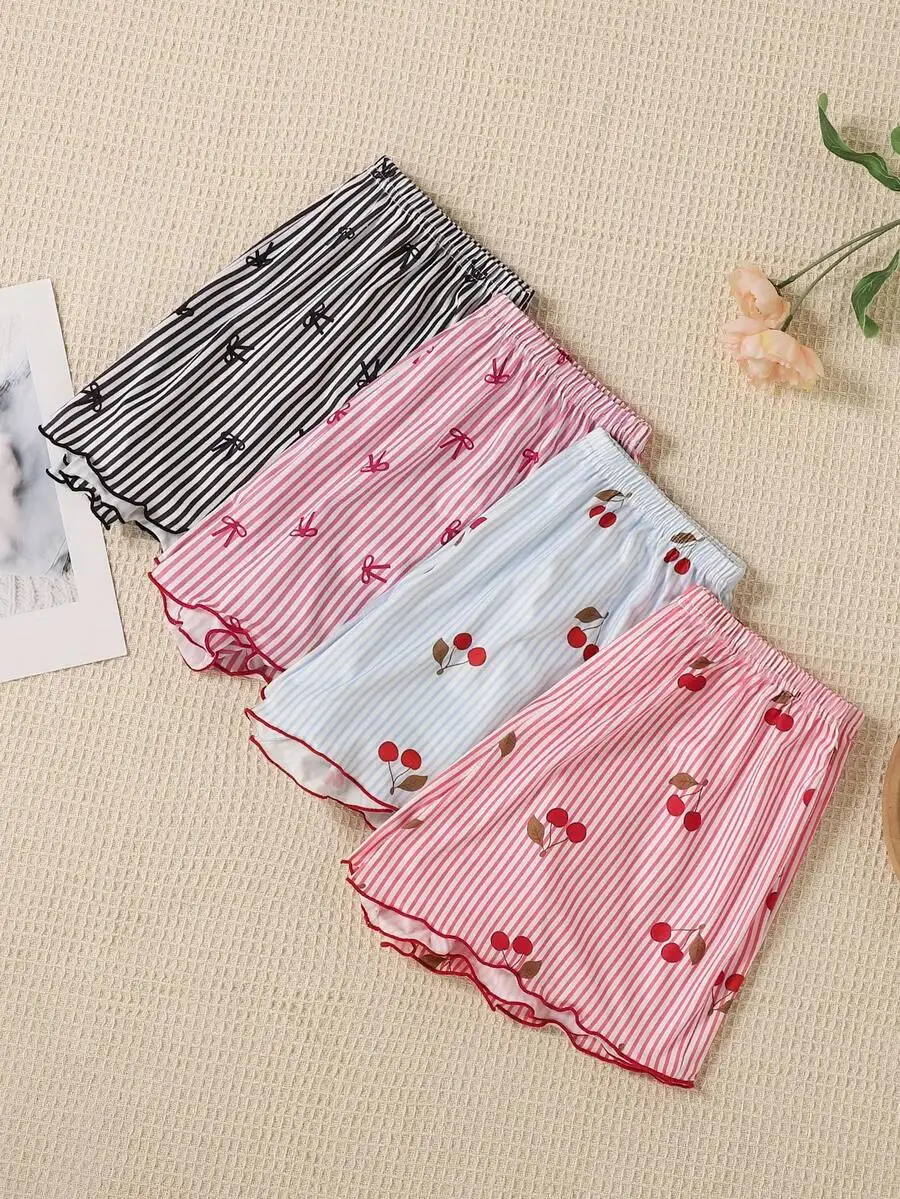 

3pcs Women Sleep Shorts Set Striped Cherry Bow Print Loose Comfortable Pajama Pants