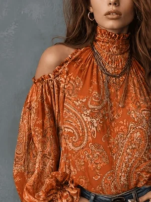 Boho Paisley-Print Chiffon-Top Damen Sexy Off-Shoulder Bluse mit Trompetenärmeln Retro 70er Fairycore Hemden – Detail 12