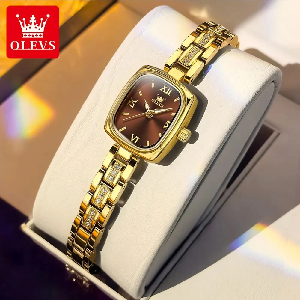 OLEVS Quartz Watch for Women Fashion Retro Square Gold Watch Elegant Bracelet Wristwatch Waterproof Ladies Dress Watches 3695
