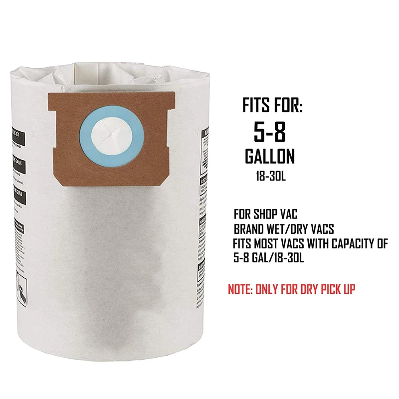 A09G-5 Pack Сменные мешки для пылесоса для влажной/сухой уборки Мешки для пыли для пылесоса Shop-Vac Ridgid 5–8 галлонов 9066100   90661 906-61