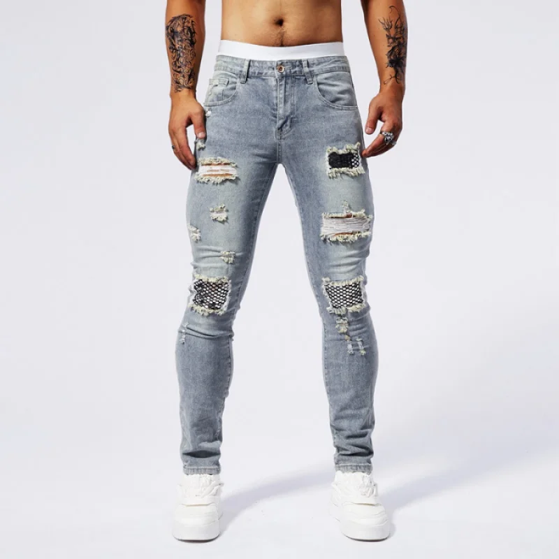 Patch sequin rhinestone jeans for men with torn holes, elastic summer fashion, casual fit, small foot muscle tight pants