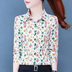 Women's Clothing Spring Autumn Turn-down Collar Pullover Long Sleeve Button Up Cardigan Shirt Casual Elegant Plant&Flowers Tops