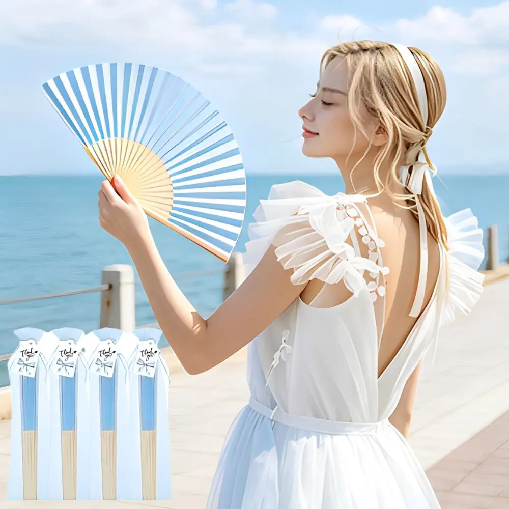 30/60pcs Portable Blue Hand Paper Fans Organza Storage Bags Thank You Bow Tags Outdoor Party Supplies YMY