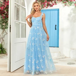 New Women Blue Lace Up Evening Dresses A-line Mesh Embroidery Butterfly Pattern Elegantes Birthday Long Party Dress