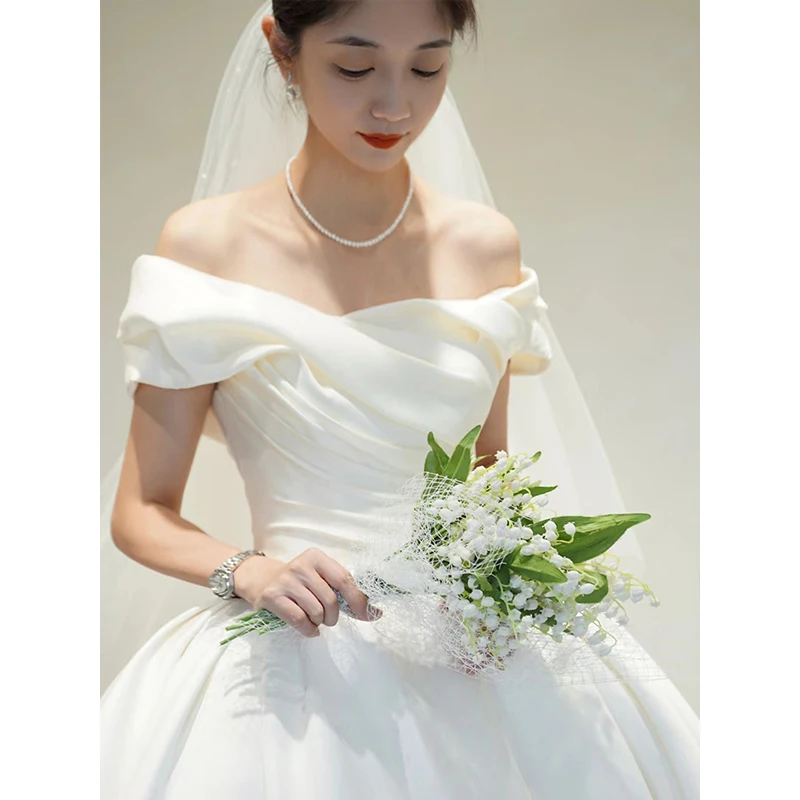 2024 New Spring The Shoulder Wedding Dress Simple Satin Sweep Train Bridal Ball Gown Vestido De Noiva Plus Size Made Customized