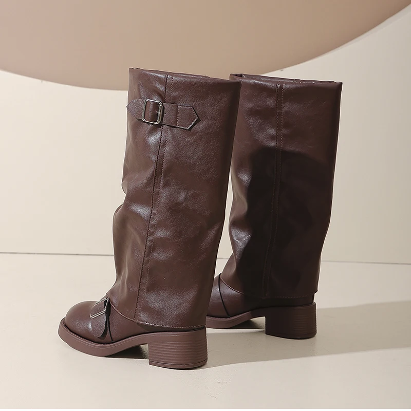 Vintage Starke Ferse Frauen Kniehohe Stiefel Mode Damen Gürtel Schnalle Ritter Lange Booties Botas De Inverno Feminina – Detail 25