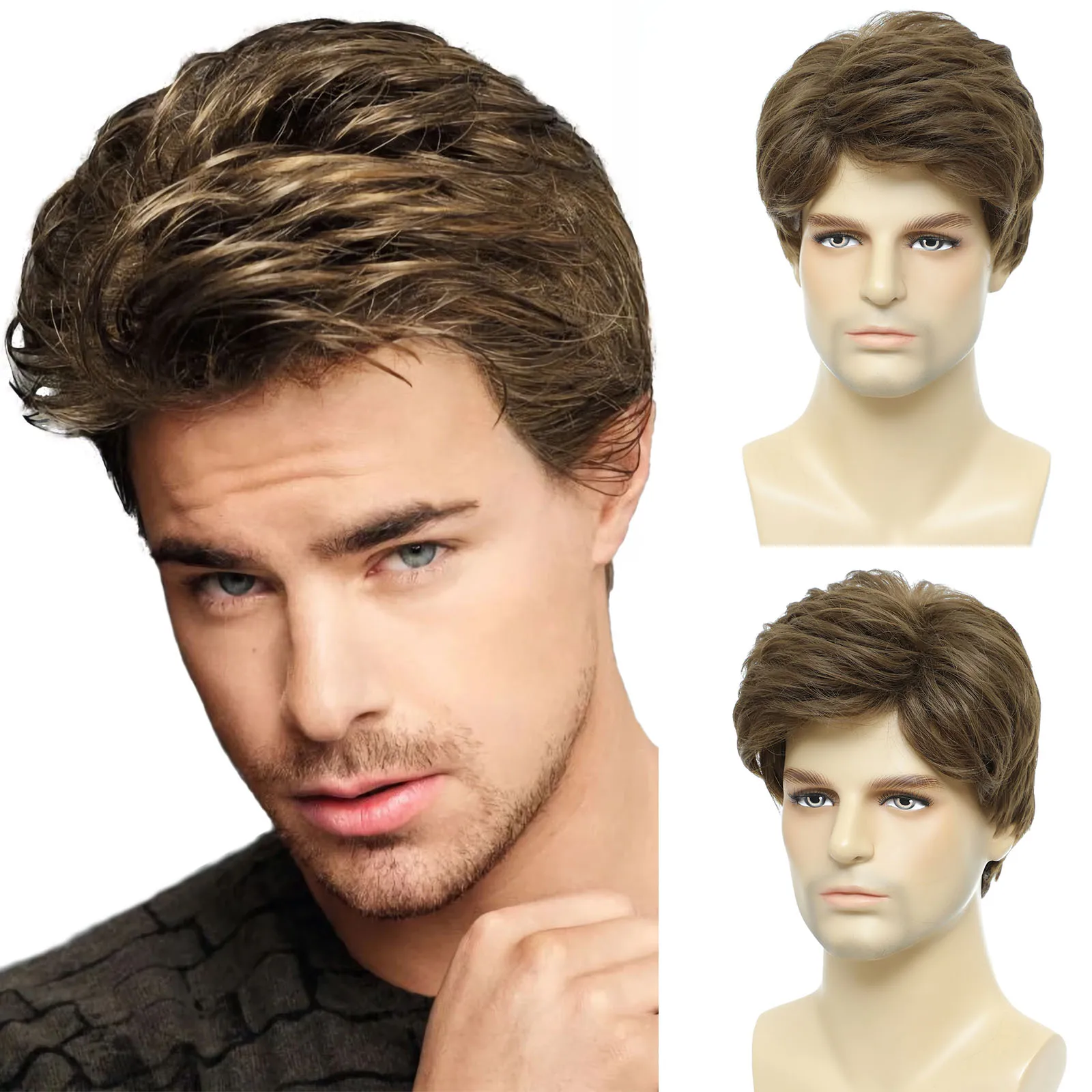 

BCHR Men's Wig, Short Brown Wig Men Layered Natural Fluffy Synthetic Hair Halloween Costume Wigs for Male Man