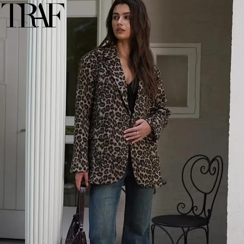 TRAF Women\'s Blazer Coat Vintage Leopard Long Blazer Woman Autumn Long Sleeve Faux Wool Coats Casual Office Wear Suit Jacket