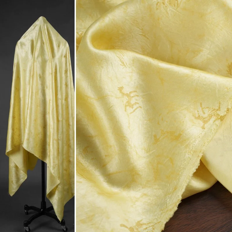 Bright Yellow Fabric Galloping Horse Print Pure Acetate Satin DIY Chinese Style Hanfu Qipao Dress Soft Lustrous Smooth Shimmer