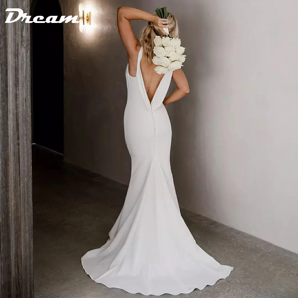 DREAM-Vestido de Noiva Sereia Feminino com Trem Destacável das Costas Crepe, Simples Sem Mangas, Decote em V, Vestido De Noiva Sem Costas, Elegante, 2023